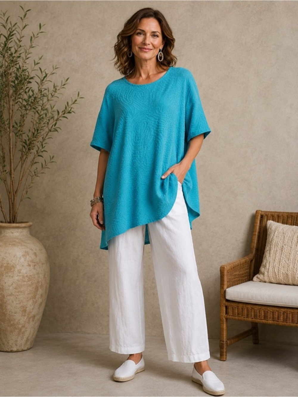 ALI MILES BLUE ASYMMETRICAL OVERSIZED COMFY CASUAL COASTAL RESORT TUNIC TOP 3X
